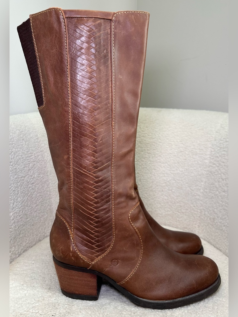 Born Brown Leather Tall Boots Woven Western Bohemian Riding Preppy Fall Classic